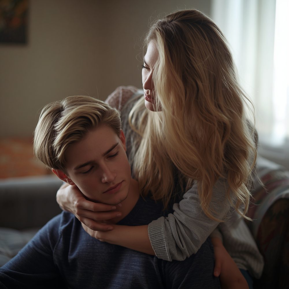 A mother sitting with her son, holding him close